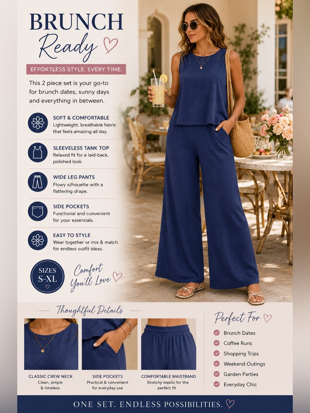 Navy Blue Sleeveless Wide Leg Pants 2 Piece Matching Set